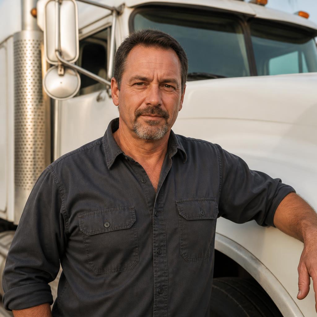 Company driver standing beside his tractor